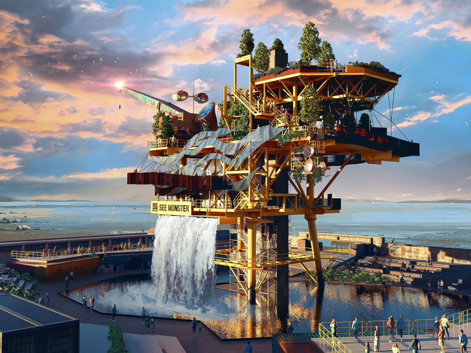 An accurate, to-scale render of SEE MONSTER, which can be seen towering over crowds inside the Tropicana. The yellow structure is complete with a waterfall and trees.
