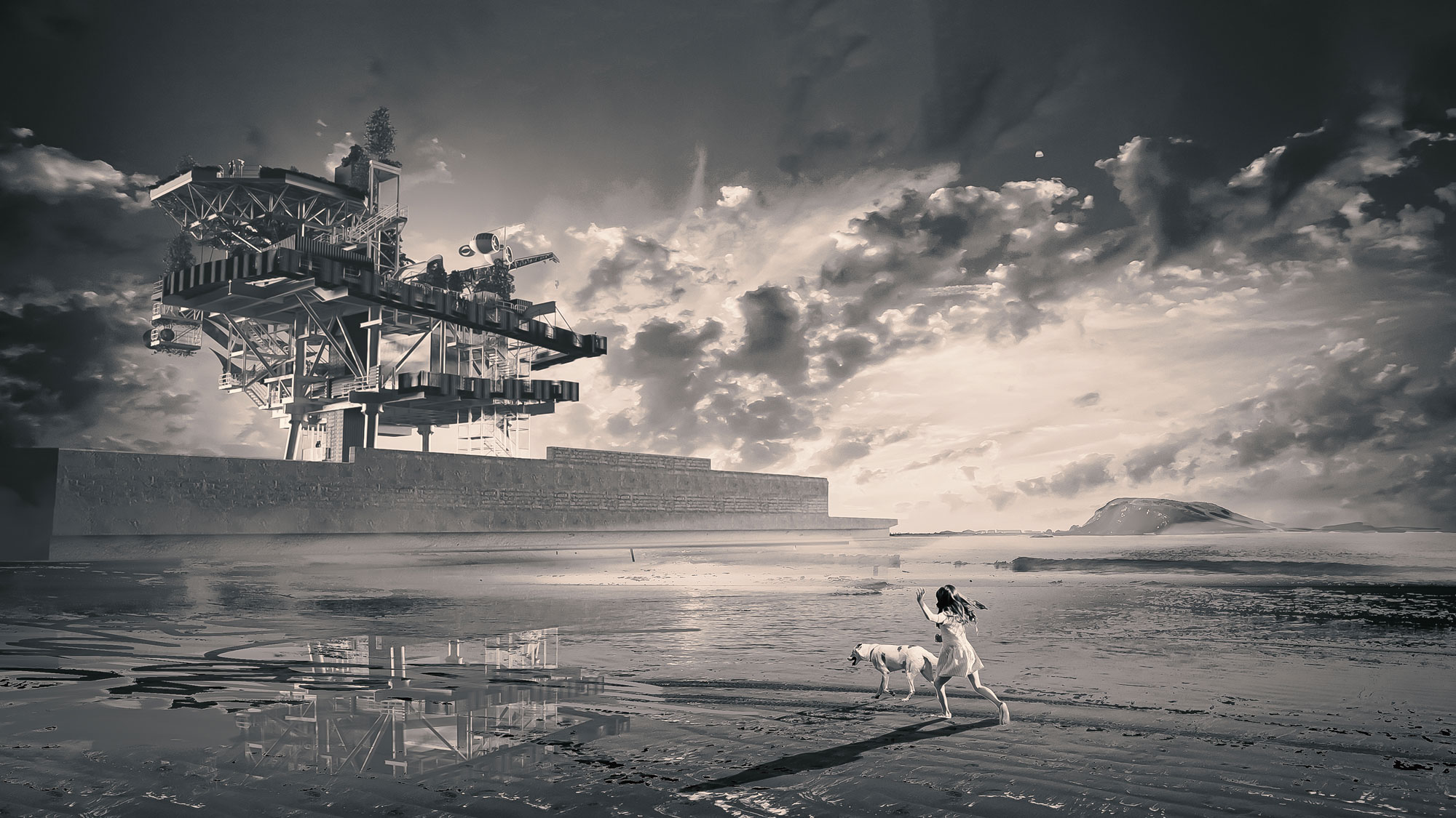 A moody black and white render of SEE MONSTER, rising up over the Tropicana's sea wall. A young girl chases her dog on the beach below.