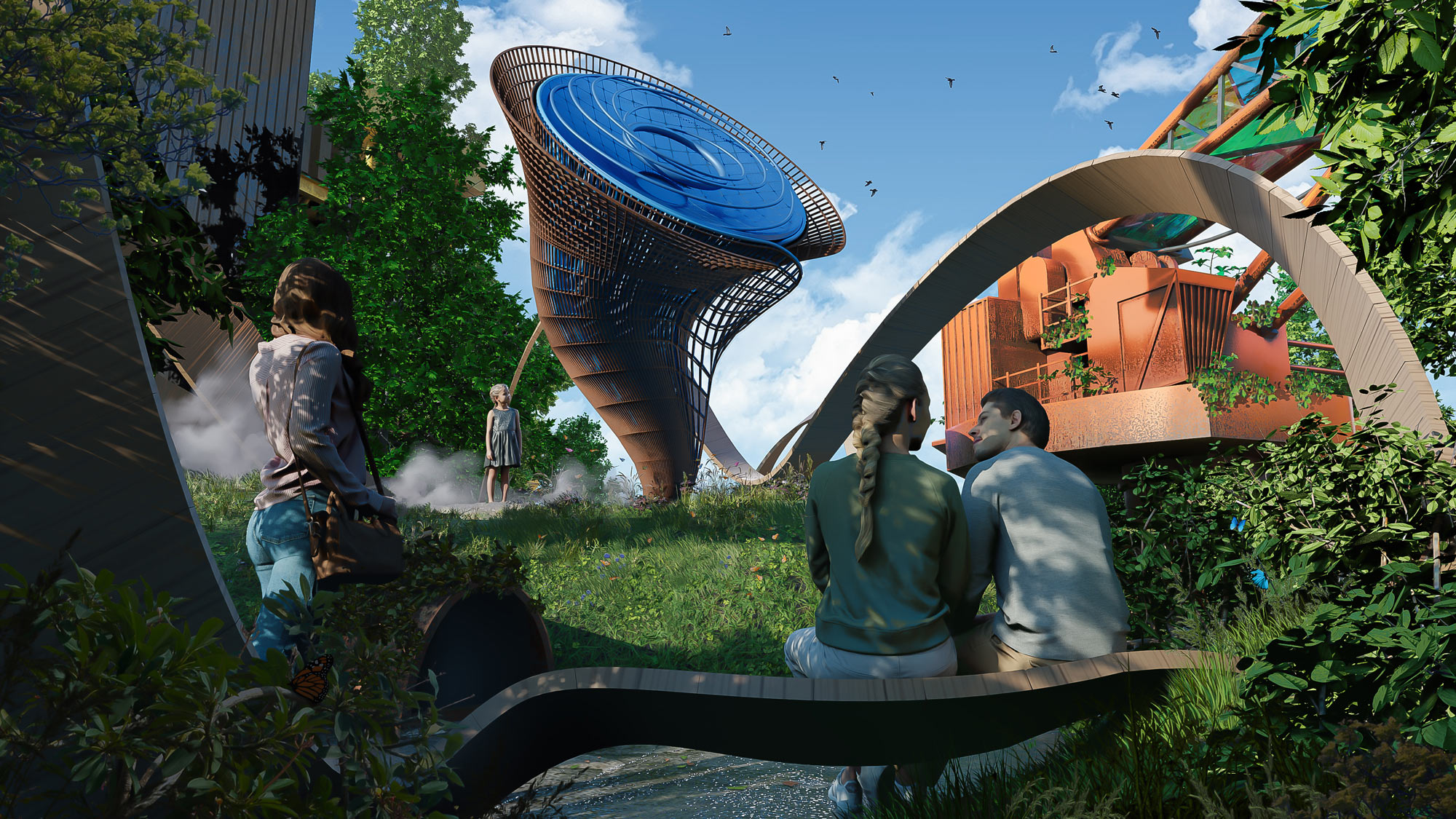 A render of SEE MONSTER’s garden lab, where visitors enjoying the natural surroundings, and a large cone-shaped ‘solar tree’, and example of renewable energy technology.