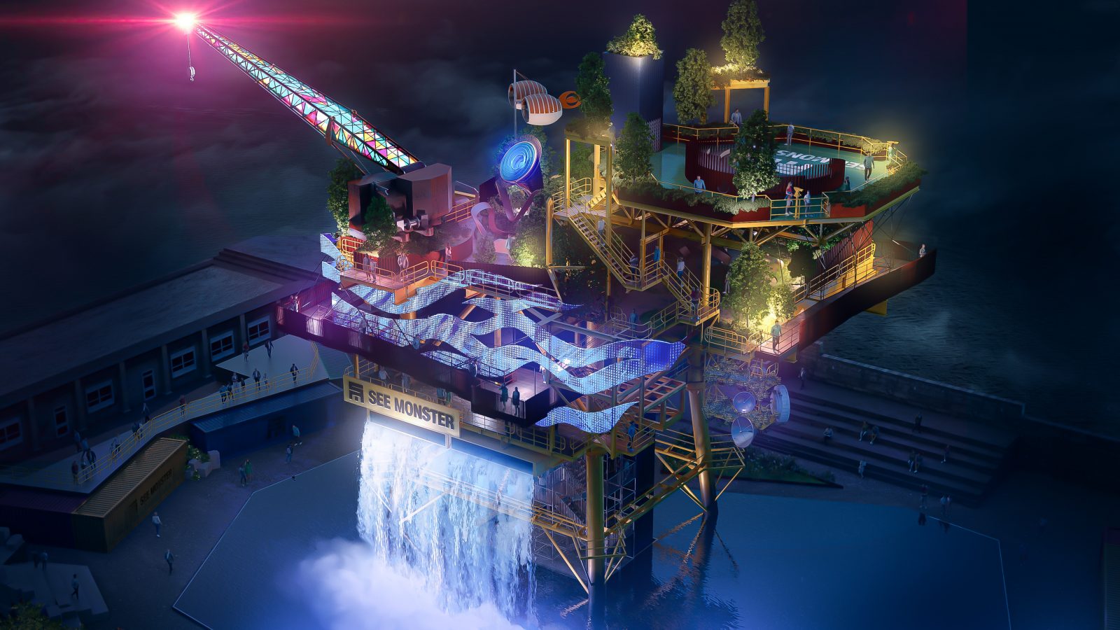 A view of the Monster at night time. The Garden Lab and Waterfall are spotlighted as nighttime falls. This creates a very dramatic view of the platform as seen in the dark.