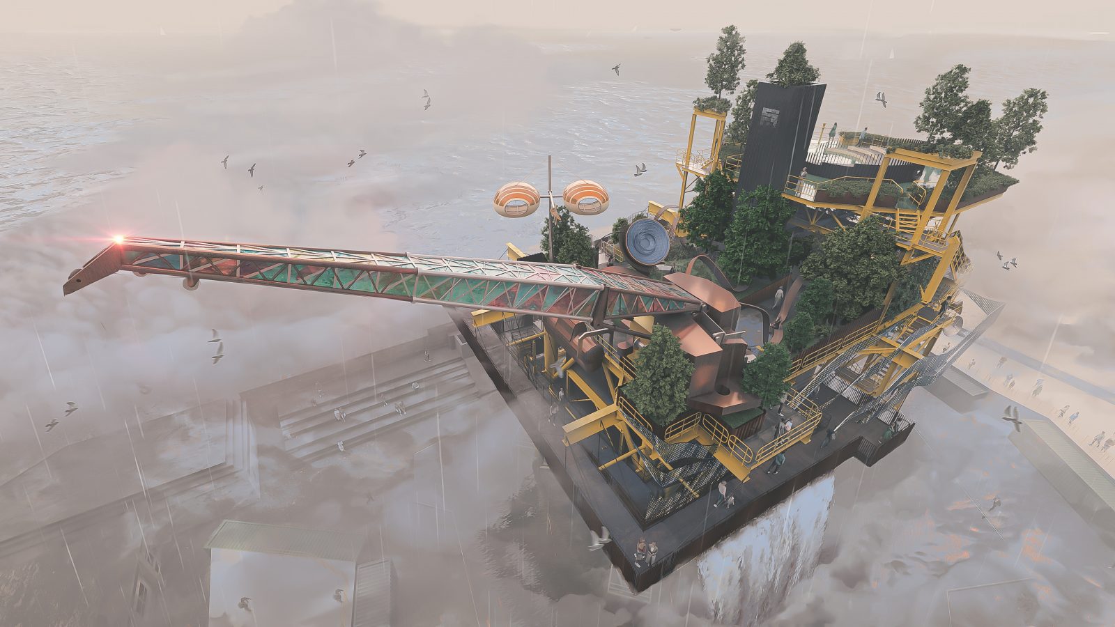 A birds eye view of the SEE MONSTER on a rainy day